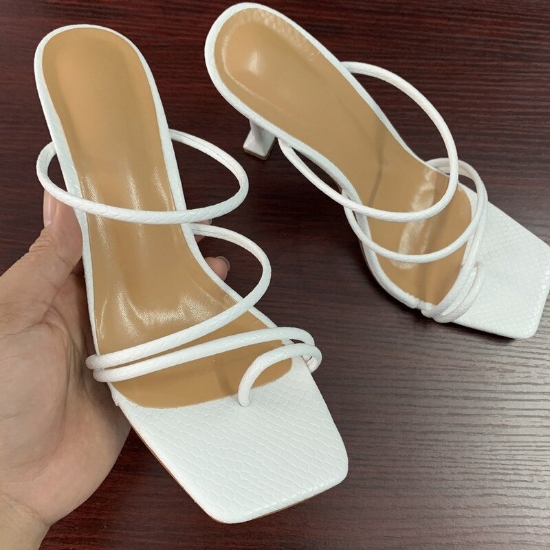 Mules avec imprimé serpent et lanières, sandales à hauts talons pour femme, nu-pieds avec bout carré, chaussures de soirée pour dames, tongs féminines
