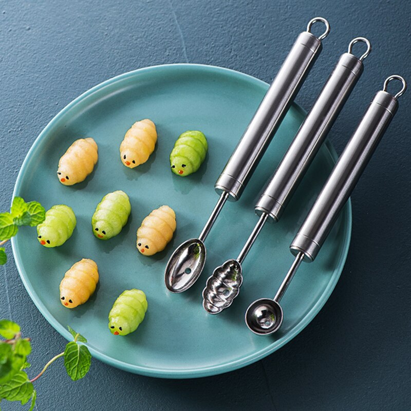 Home Kitchen Ball Digger Fruit Ball Spoon Set Stainless Steel Double-headed Caterpillar Flower Style Baking Tool
