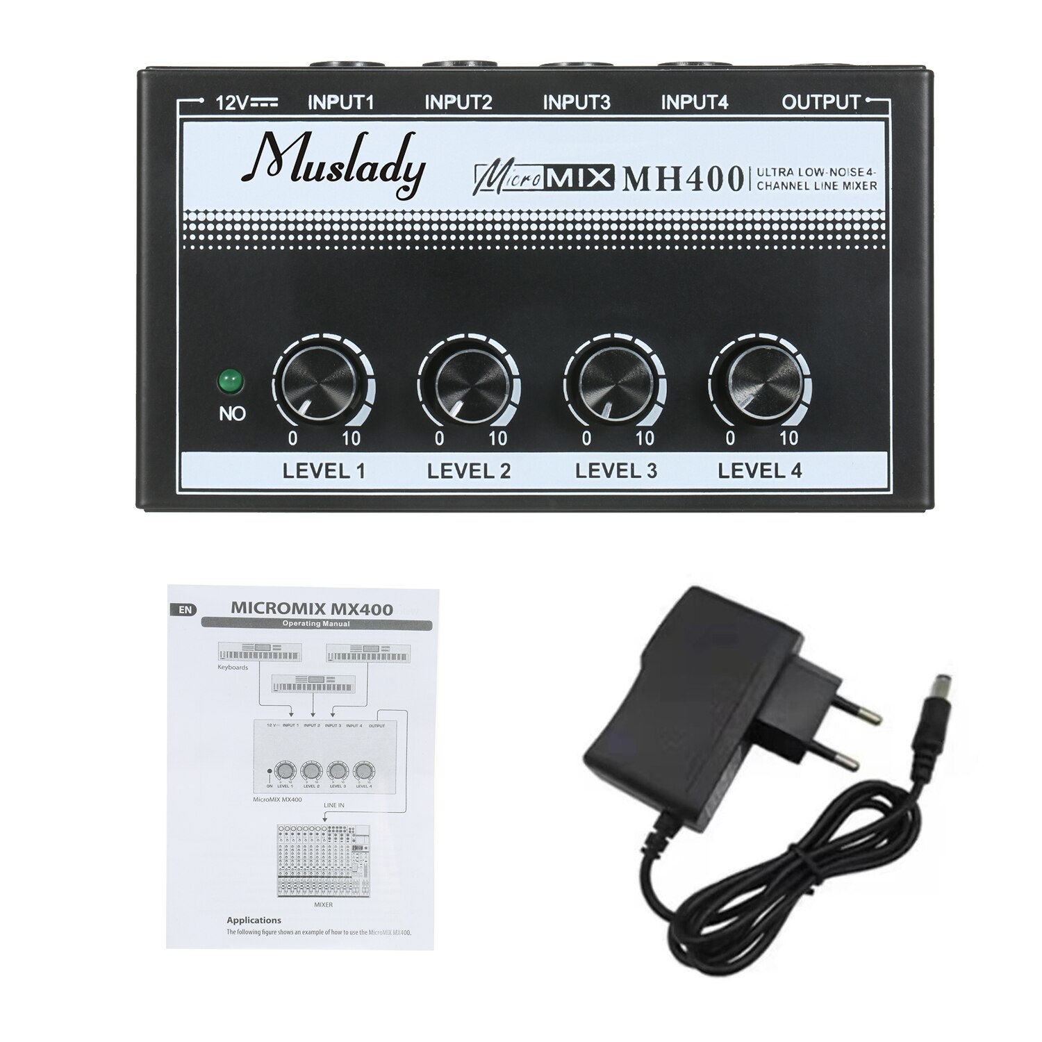 Muslady MH400 Ultra Low-Noise 4-Channel Line Mini Audio Mixer Met 1/4-Inch Ts Volumeregeling voor Gitaren Bass Toetsenborden