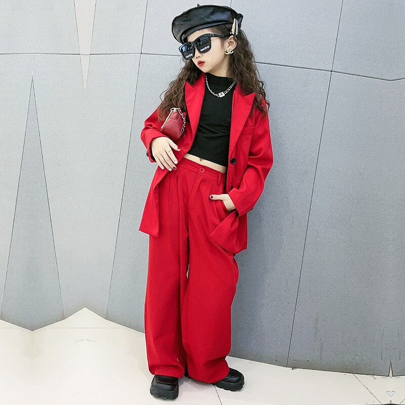 Pak Voor Meisjes Rode Losse Casual Blazer Wijde Pijpen Broek Twee Stukken Tiener Kinderen Outfits 12 13 14 Jaar Kid 'S Kostuum: 160cm