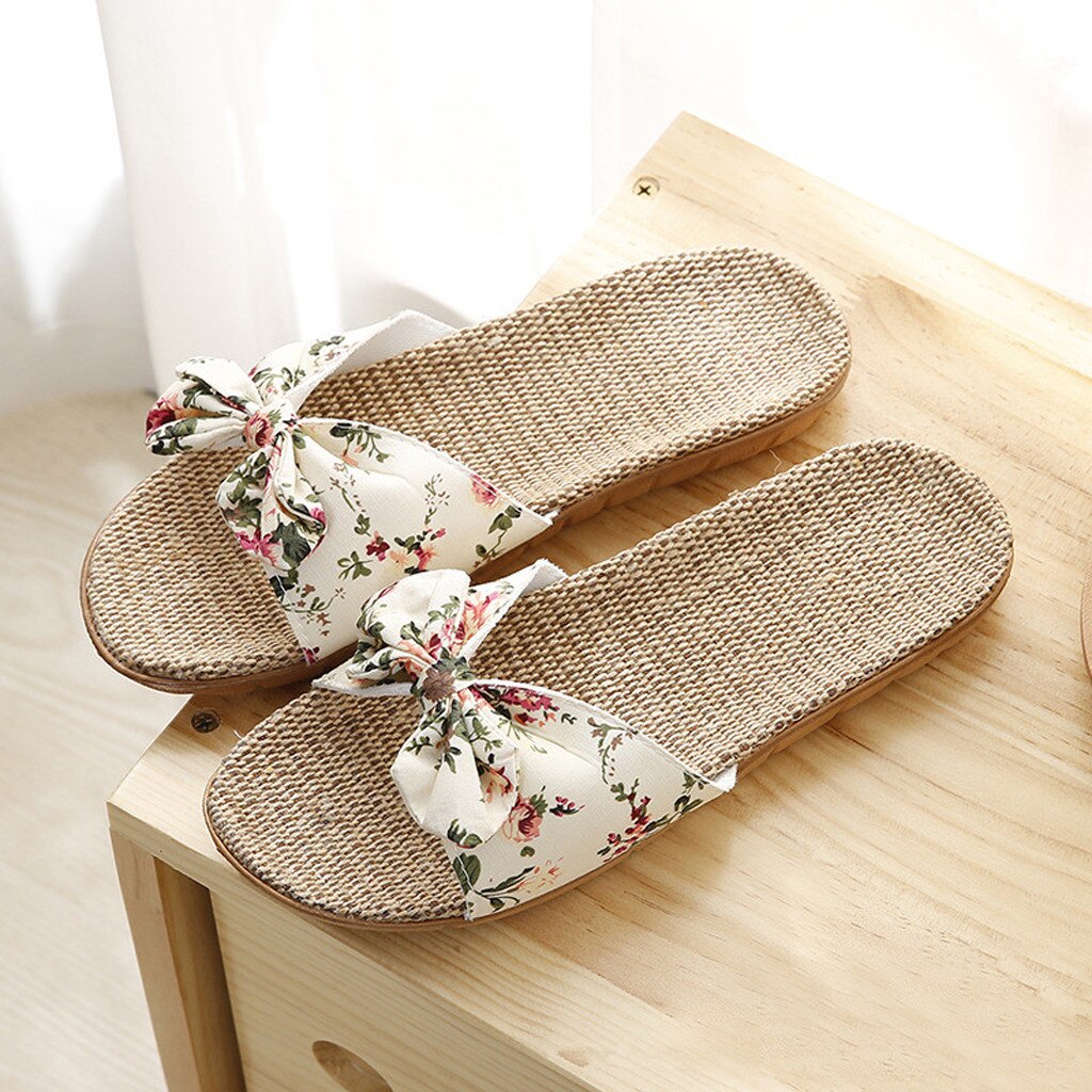 38 # Vrouwen Vlas Slippers Zomer Casual Slides Strand Schoenen Dames Indoor Linnen Slippers Bohemen Bloemen Boog Slippers Sandalen: A / 37