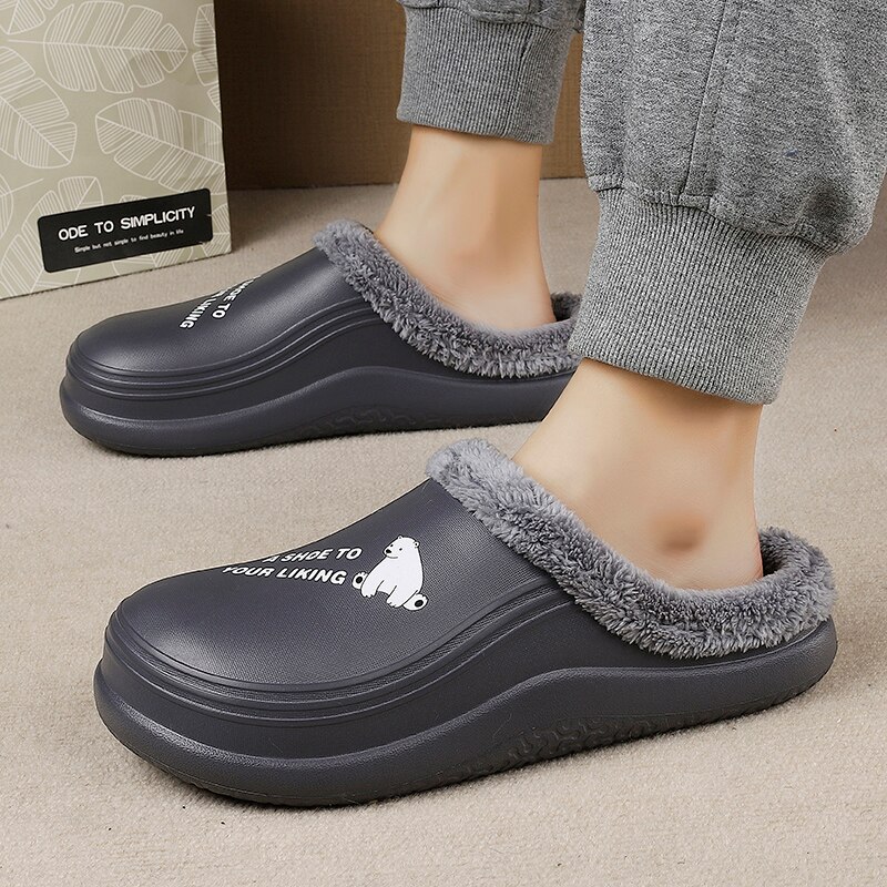 Zuecos de casa de invierno para hombre, zapatillas de levantar con impresiones, Forro cálido de felpa, zapatos impermeables para casa, zuecos cálidos de ,