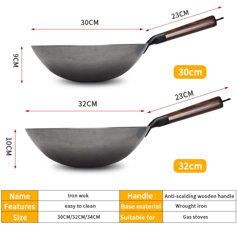 Traditionele Handgemaakte Ijzeren Wok, Niet-Coating Woks Voor Keuken Panwooden Handvat Wok Keuken Gas Pot Kookgerei