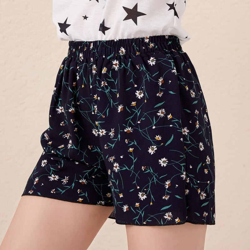 Floral Print Shorts Women Summer Elastic Waist Loose Sport Shorts Lady Chiffon Shorts Soft Wear Short Femme: navy / M