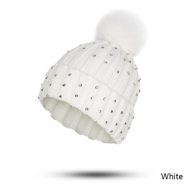 GROUPJUMP-Gorro con pompón de punto para niño, gorros, gorros para niña, gorros con diamantes de imitación, gorro para niño: white