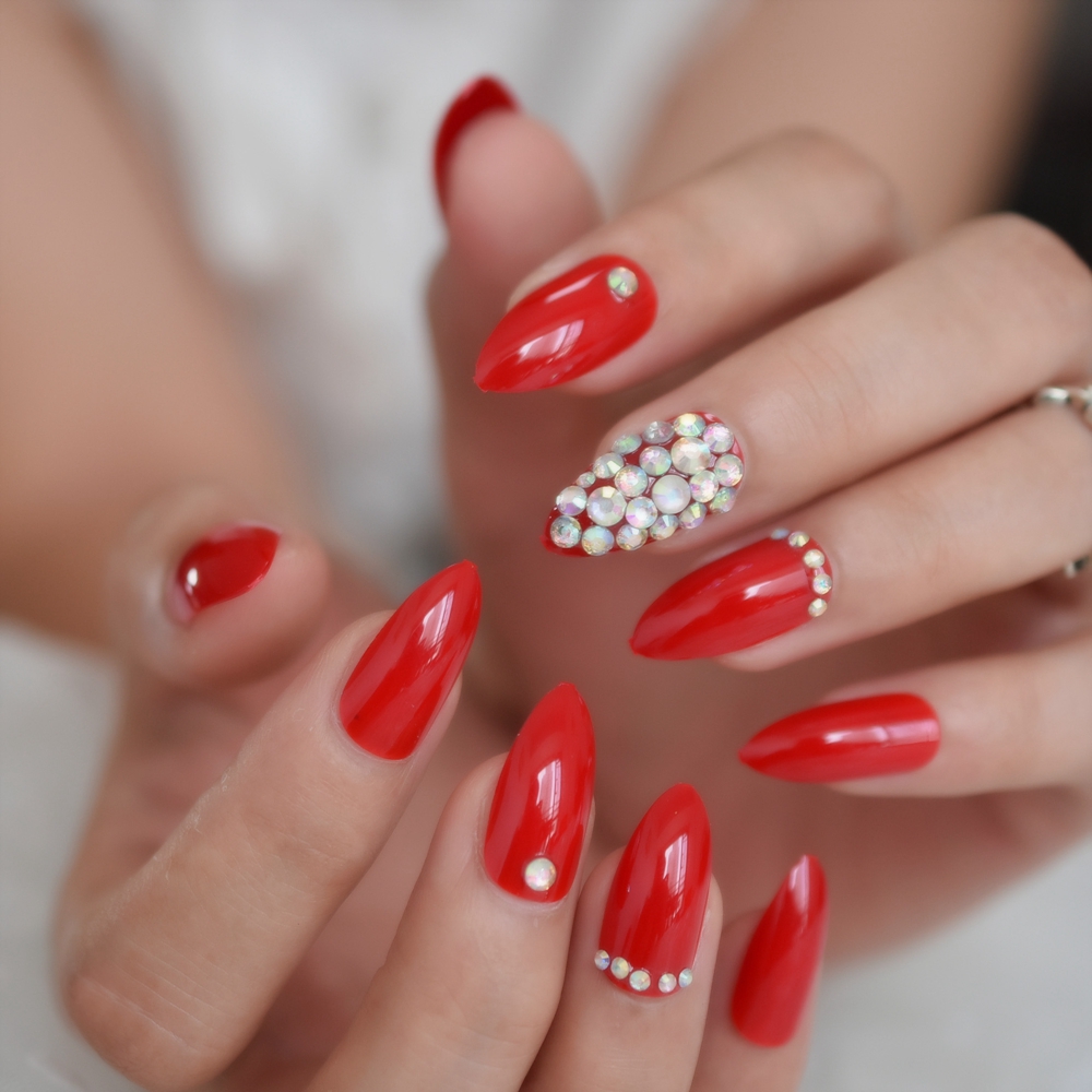 Faux Ongles blancs, à paillettes, ombrés, pointes Stiletto, personnalisés, avec strass et nœud papillon pour décoration: L5274