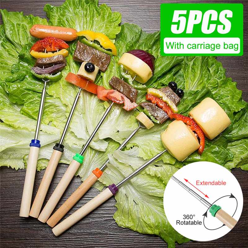 5 Stks/set Roosteren Vork Stok Roestvrij Staal Houten Handvat Telescopische Spies Als Grillen Gereedschap Voor Thuis Keuken Achtertuin Bbq