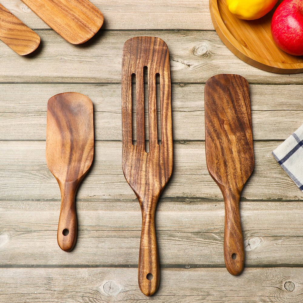 Wooden Spurtles Set Slotted spatula Ladle colander for Stirring Mixing Serving Natural Teak Kitchen Cooking Utensil