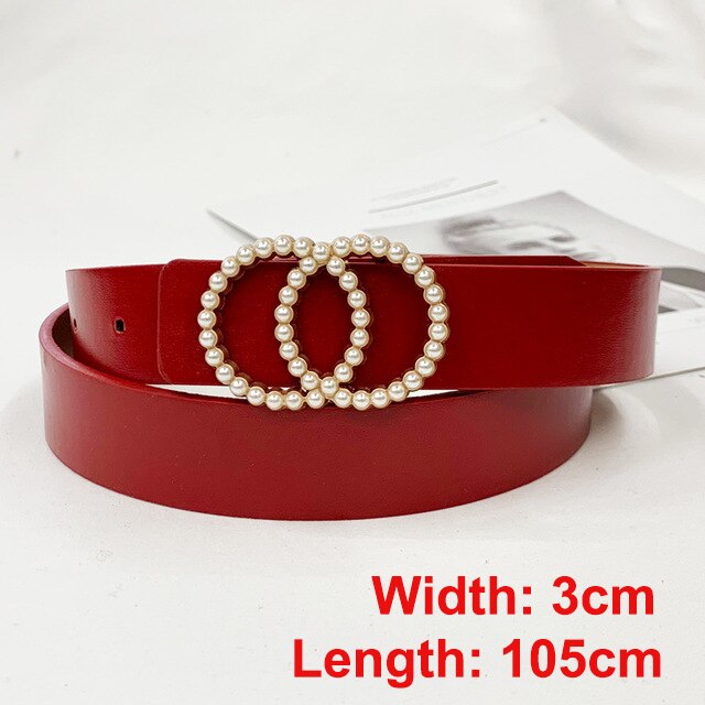 Pearl round pin buckle women simple ladies trend leather belt for women's youth brand belt: style 2-red