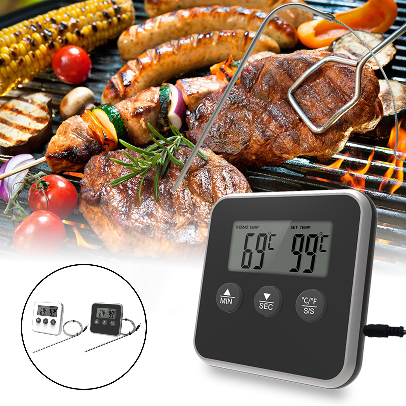 Kitchen Instant Read Meat Thermometer °F/°C Timer Multi-Functional Stainless Steel Probe