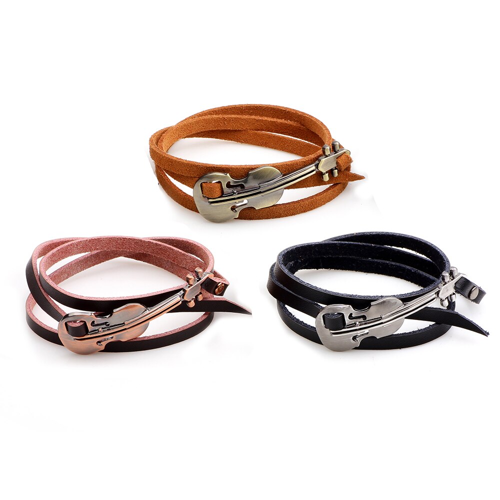 Unique Female Wrap Brown Leather Bracelets Diy Violin Alloy Long Sporty Charm Men Women Bracelets Jewelry