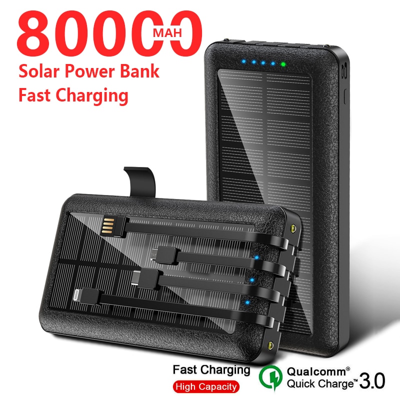 Portable Solar Power Bank 80000mAH Large Capacit Built in Cables with 4-wire Convenient Mobile Power Bank Strong LED Flashlight
