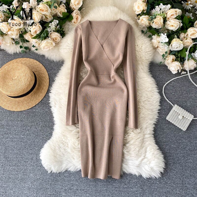 Yuoomuoo Gebreide Jurk Vrouwen Herfst Winter Eenvoudige V-hals Split Bodycon Jurk Elegante Knielange Werk Jurk Dames Jurk Vestido