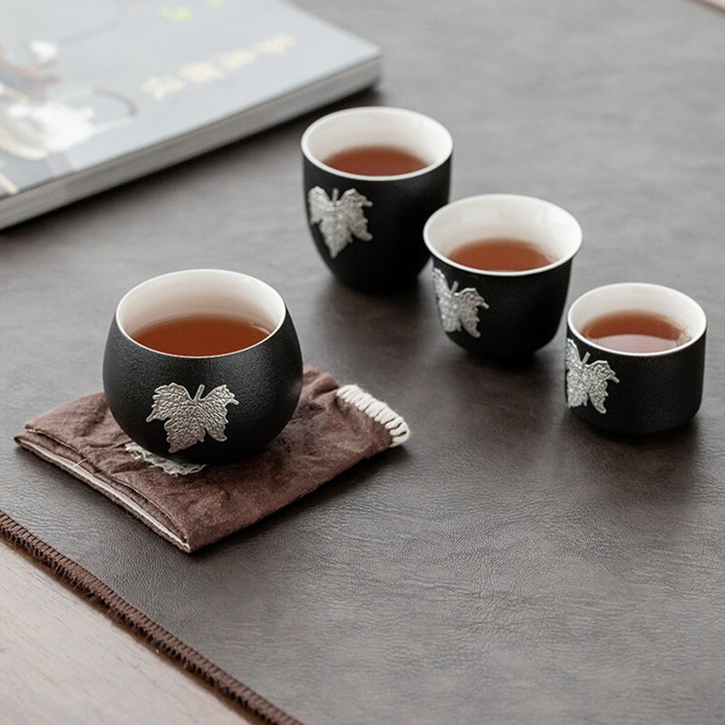 Thé thé maître tasse bol noir Zen thé tasse Boutique à la main incrusté feuille d'étain gros poterie tasse à thé