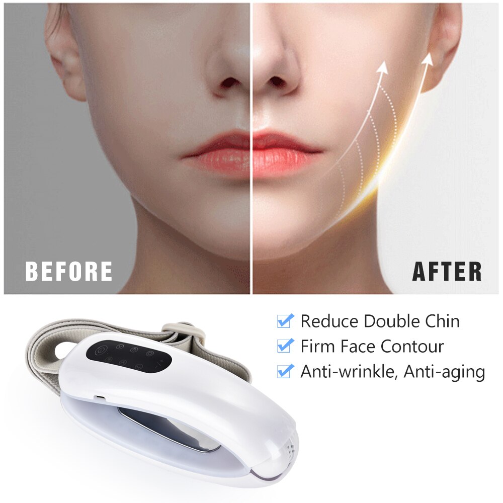 Dispositivo de estiramiento facial EMS V, máquina de cinturón de elevación de mentón, herramienta de adelgazamiento, masajeador, terapia de fotones LED roja y azul, vibración de calor galvánico