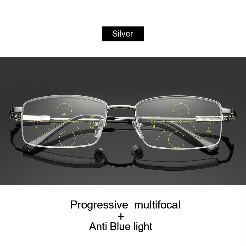 BLMUSA Titanium Progressive Multifocal Reading Glasses Men Anti Blue Light Glasses Women Eyewear For Elderly Blue Light Readers: Silver-  Multifocal / +100