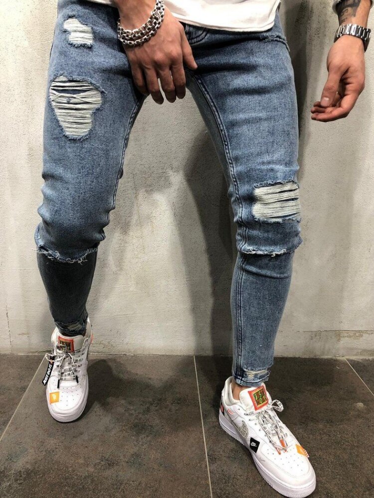 Ripped Skinny Jeans Mannen Blauw Potlood Broek Mannelijke Slanke Biker Denim Broek Gat Punk Casual Close-Fitting Broek