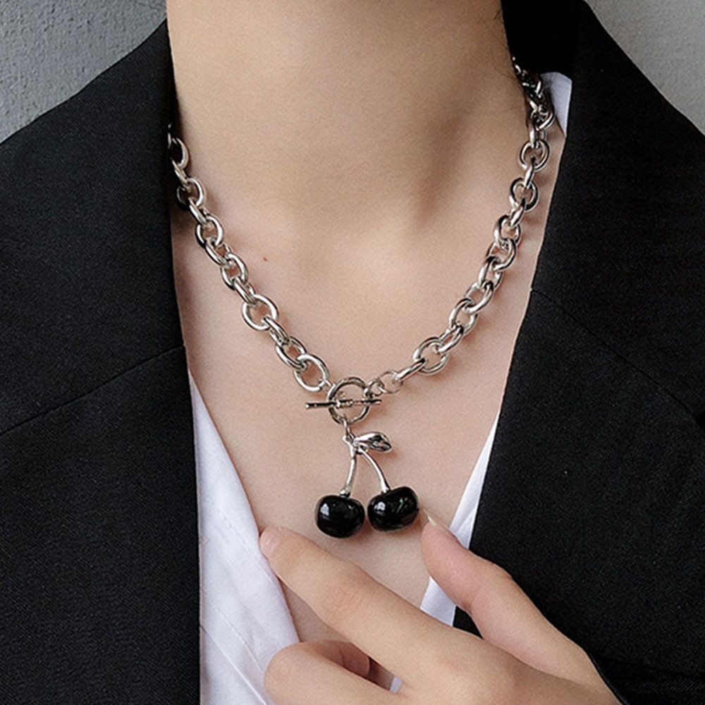 Punk Zilver Kleur Dikke Ketting Cherry Hanger Ketting Vrouwen Gothic Black Cherry Sleutelbeen Kraag Ketting Mode Vrouwen Sieraden