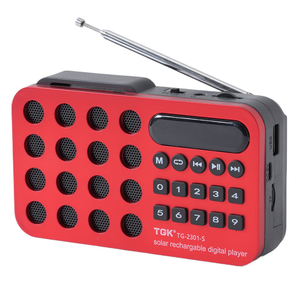Digital Radio Speaker Music Player Bluetooth-Compatible Solar Charging/Rechargeable Battery Operated MP3 Player Built-in Speaker: Red