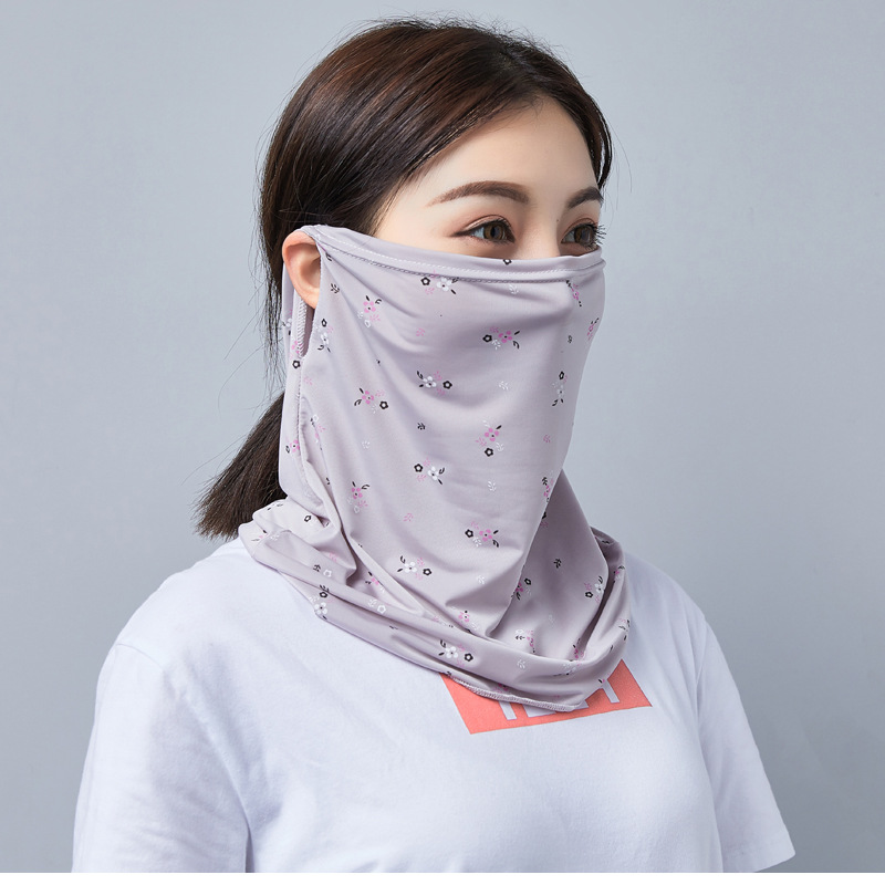 Sommer halv ansigtsmaske åndbar is silke cykling kvinder solcreme lang hals hel ansigtsmaske uv beskyttelse udendørs sports maske: Grå blomst