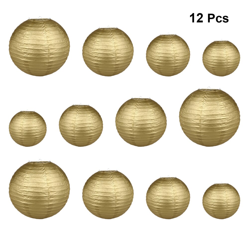 12pcs Foldable Paper Chinese Lanterns Festive Round Hanging Lantern Decor for Year Spring Festival - Golden (6 Inches + 8 In: Golden