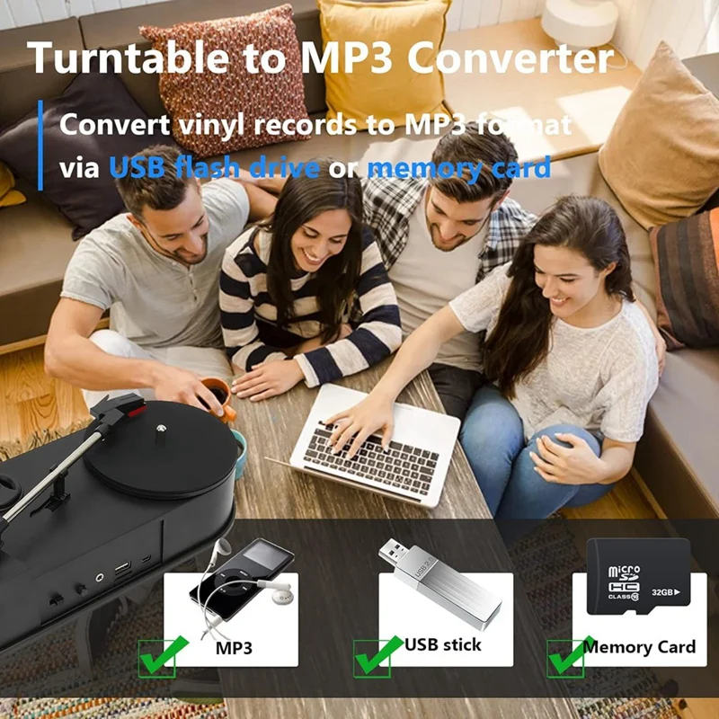 33/45RPM Turntable Player Converter to Save Vinyl Music Records to TF Card/USB Built in Speaker Turntable to MP3 No Need PC
