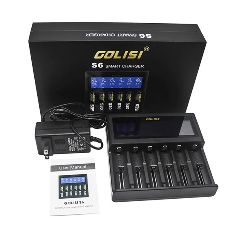 Original Golisi S6 Akku-Ladegerät, 6 Steckplätze, 2 A, Schnelllade-LCD-Anzeige, passend für 18650 21700 20700 18350 26650 AA AAA Li-Ion Akku