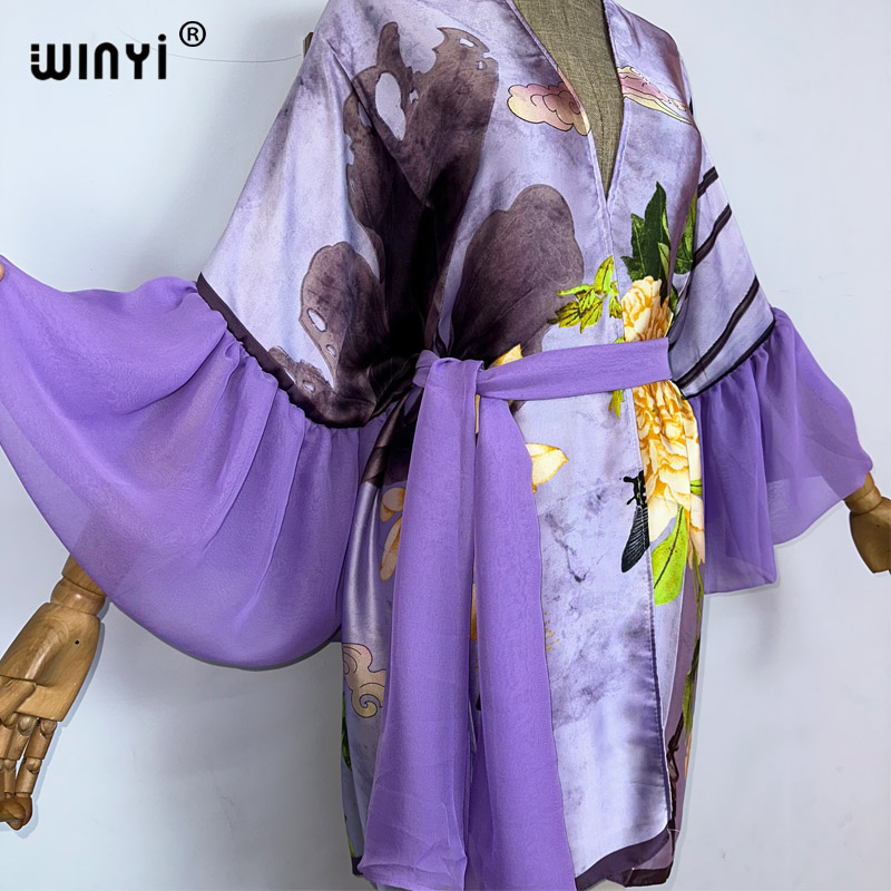 Winyi Kimono Bohemia Print Zelf Ceinted Jurk Vrouwen Elegante Zomer Bubble Mouw Vest Strandkleding Zwempak Cover Up