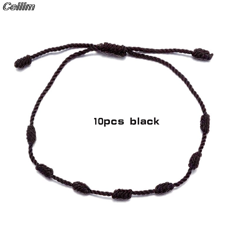 Pulsera de cordel rojo con 7 nudos, 10 Uds., hecha a mano, protección para ojos, amuleto de la buena suerte para el éxito, amistad de la pareja: 10pcs black