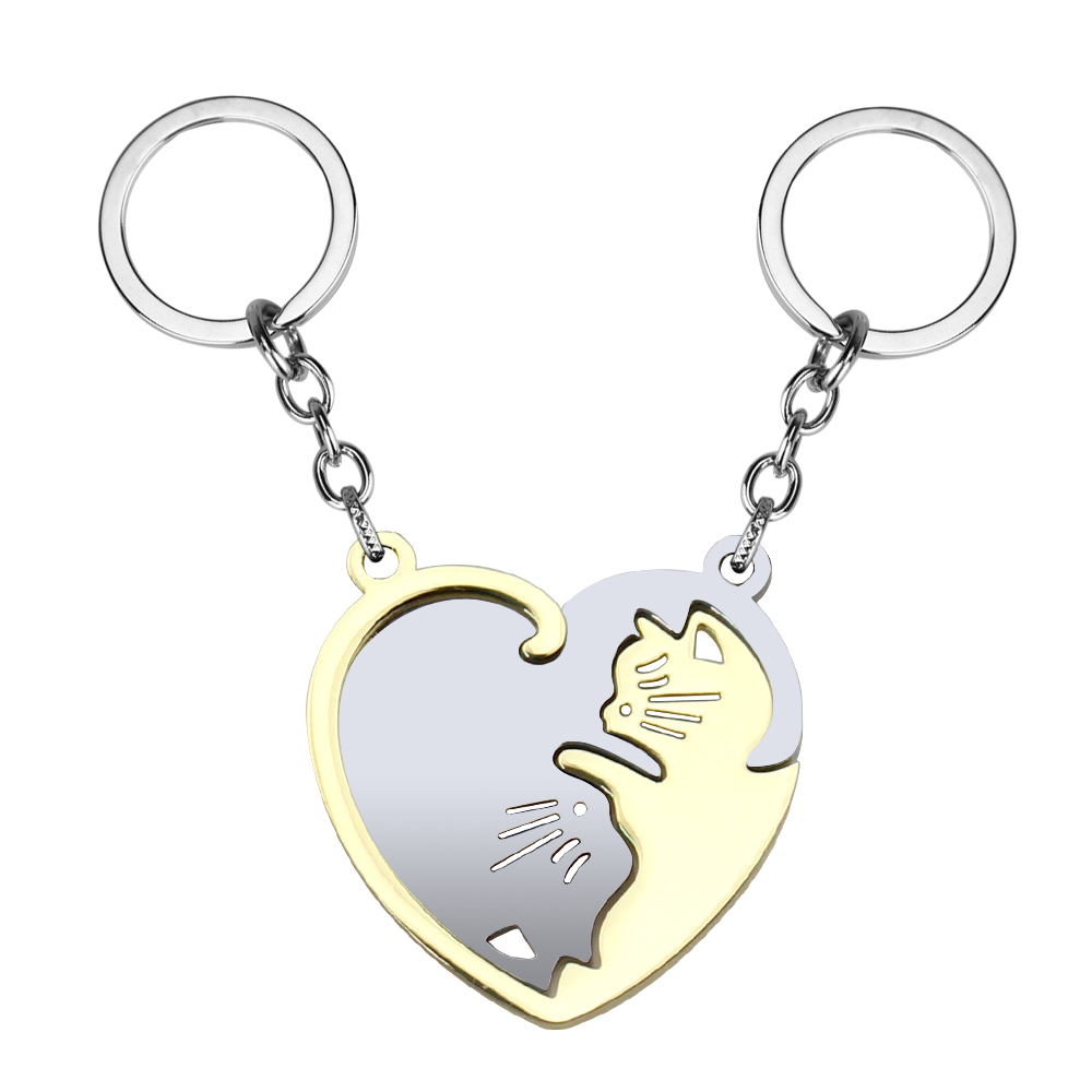 1 Pair Creativity Cute Stainless Steel Cartoon Cat Keychain Couple Animal Matching Key Ring Pendants Valentine Friendship: Silver