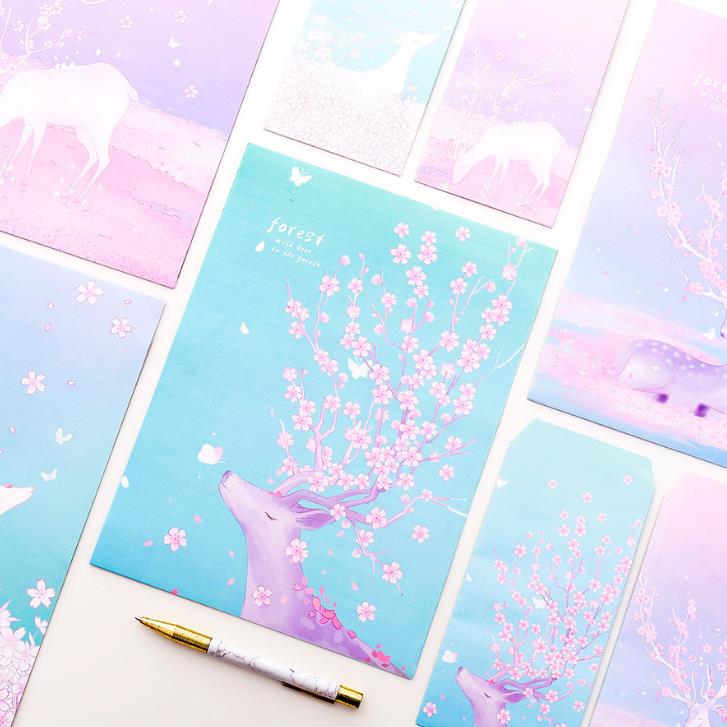 9 Pcs/pack Cartoon 3 Envelopes + 6 Sheets Letters Paper Forest Deer Cherry Sakura Series Envelope Letter Set for Stationery
