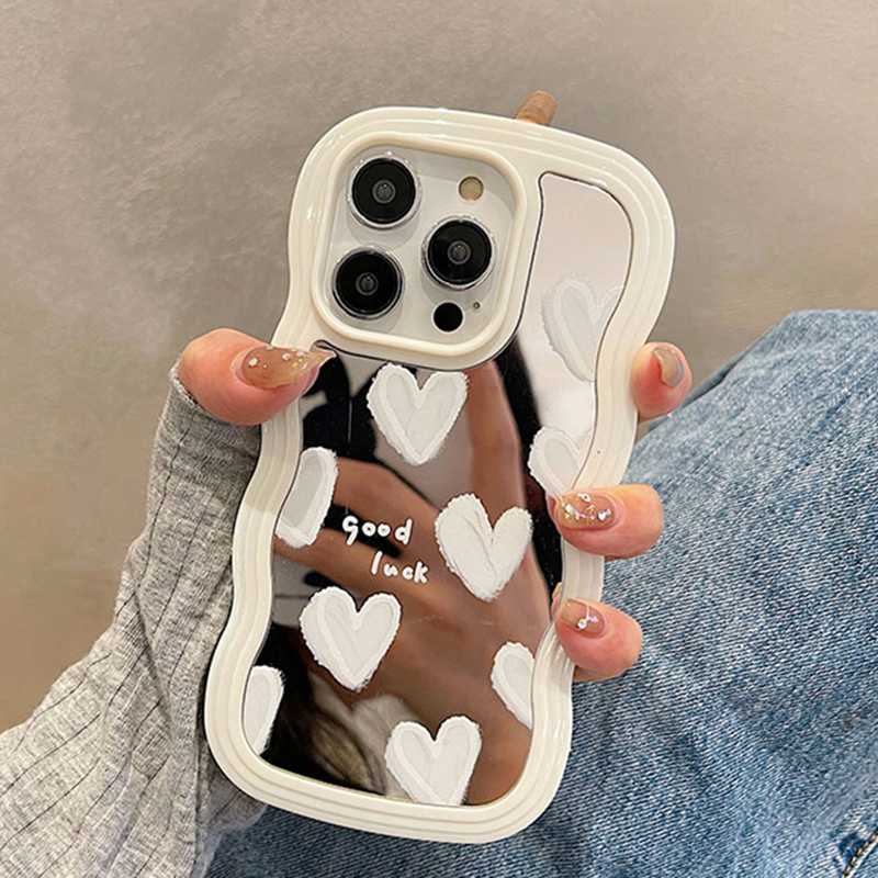 Funda coreana con espejo de maquillaje de corazón blanco encantador para iPhone 14 15 16 Pro Max 13 11 12 14 Plus XS X XR cubierta suave a prueba de golpes