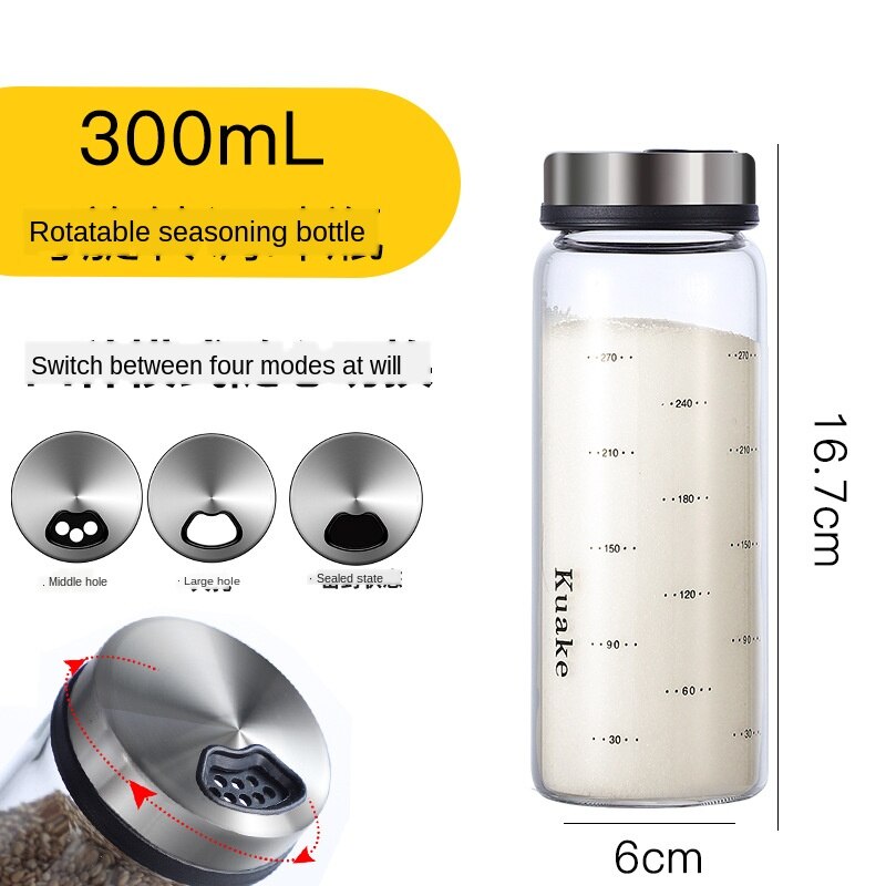 Holaroom høj borosilikatglas krydderi dåse salt sesam fast krydderi segl flaske peber krydderi shaker med roterende  mj827: 300ml