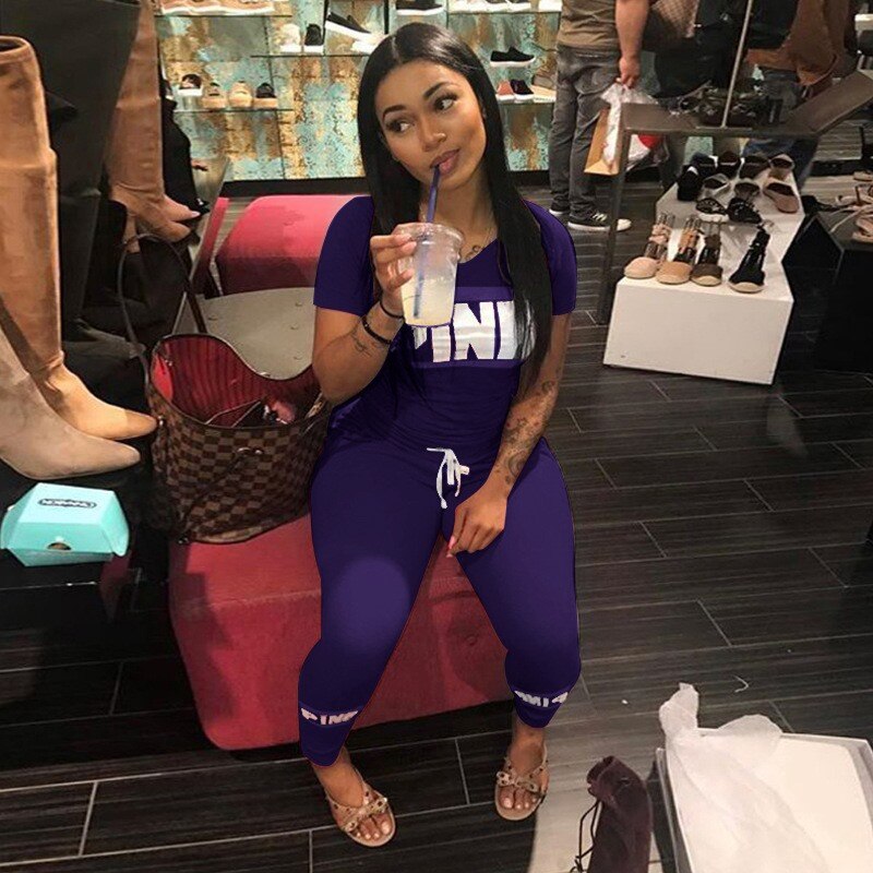 Pink Letter Print 2pcs Tracksuits Women Two Piece Set Street T-shirt Tops And Jogger Set Suits Casual 2pcs Outfits: purple / L