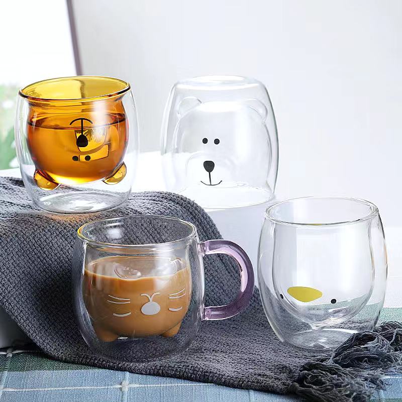 Glass Mugs Double Wall Glass Mug Bear Cat Dog Animal Double-layer Glass Tea Mug Coffee Cup Christmas Mug Cute Tea Milk Cup