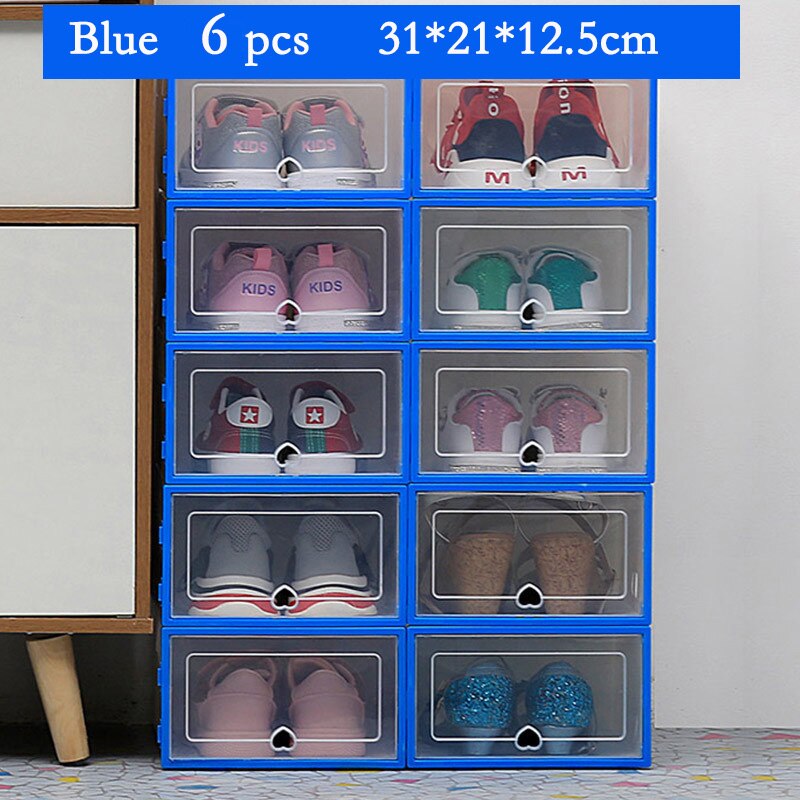 6Pcs Transparante Schoen Dozen Opslag Verdikte Stofdicht Schoenen Organizer Box Bovenop Combinatie Schoenenkast Dispaly: Blue