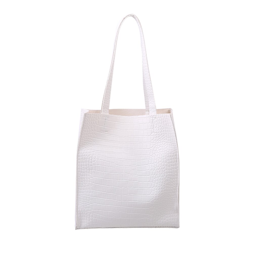 Portable Women Tote Shoulder Bag Classic Texture Chic Durable PU Big Capacity Lady Shopping Handbag: White