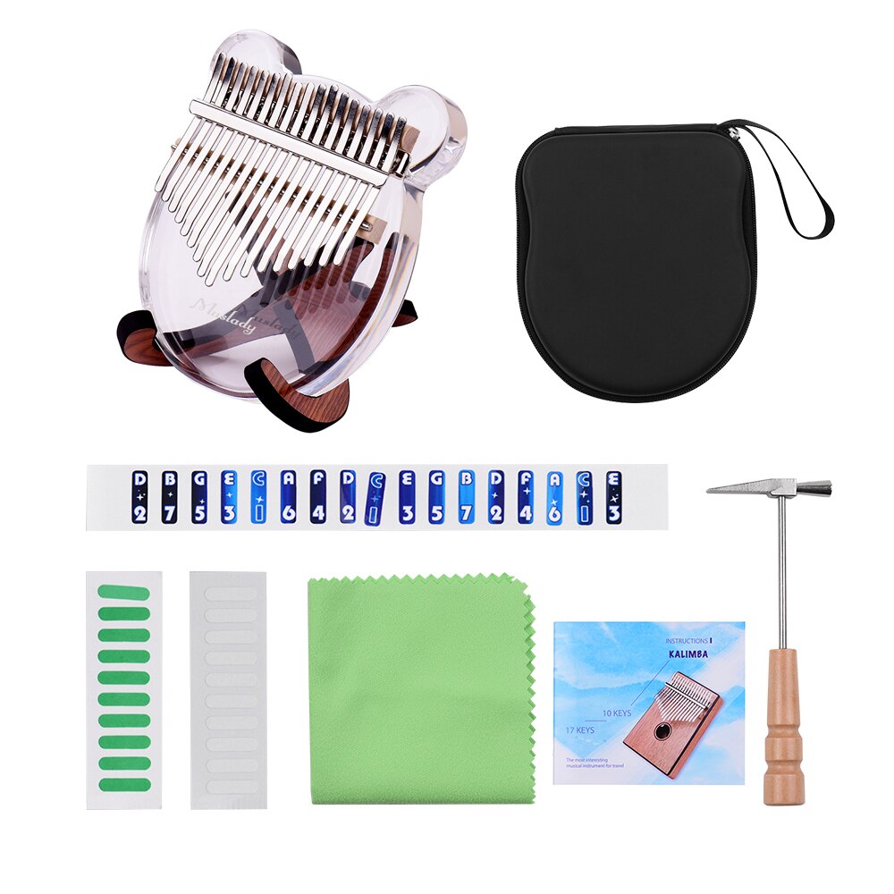 Kimi Muslady Kalimba 17 Key Acryl Transparante Thumb Piano Met Tuner Hamer Kalimba Case Vinger Piano Willekeurige: bear with stand