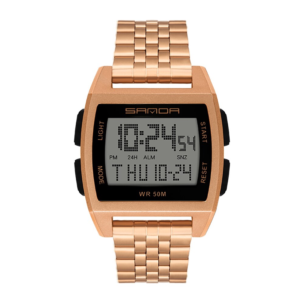 SANDA Watch Square Men Watches Stainless Steel Multi-Function Electronic Watches Luminous Waterproof Casual Sport Watch: rose gold