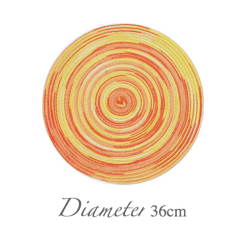 Regenbogen Farbe Tischset Schüssel Satin- Gefärbt Ramie Baumwolle Garn gewebte Tasse Pad Runde Platte matt Individuelle Mantel Esszimmer Untersetzer einstellen: YellowRed 36cm