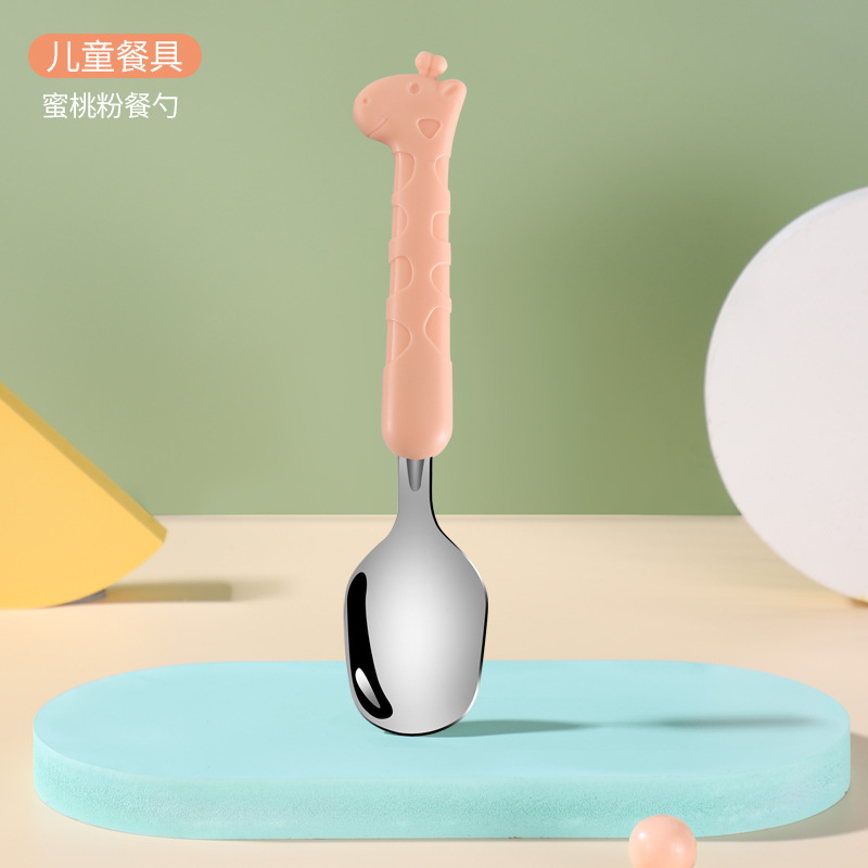 Baby servise sett barn redskap giraff spedbarn mat mat skje gaffel rustfritt stål småbarn servise bestikk gadgets: Rosa skje