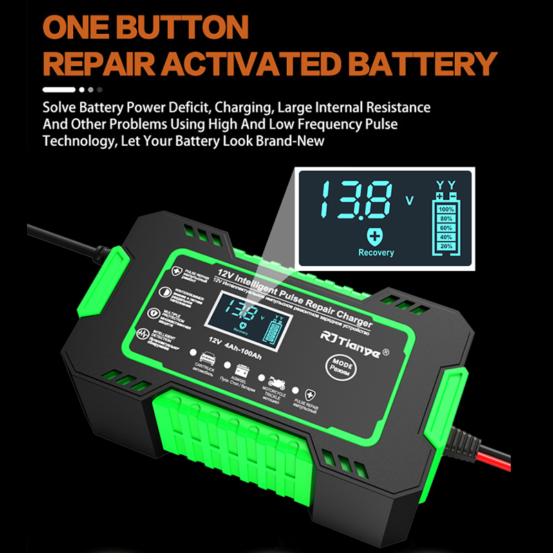 12V 6A Vollautomatisches Autobatterieladegerät Power Pulse Repair Ladegeräte Nass Trocken Blei Säure Batterieladegeräte Digitales LCD-Display
