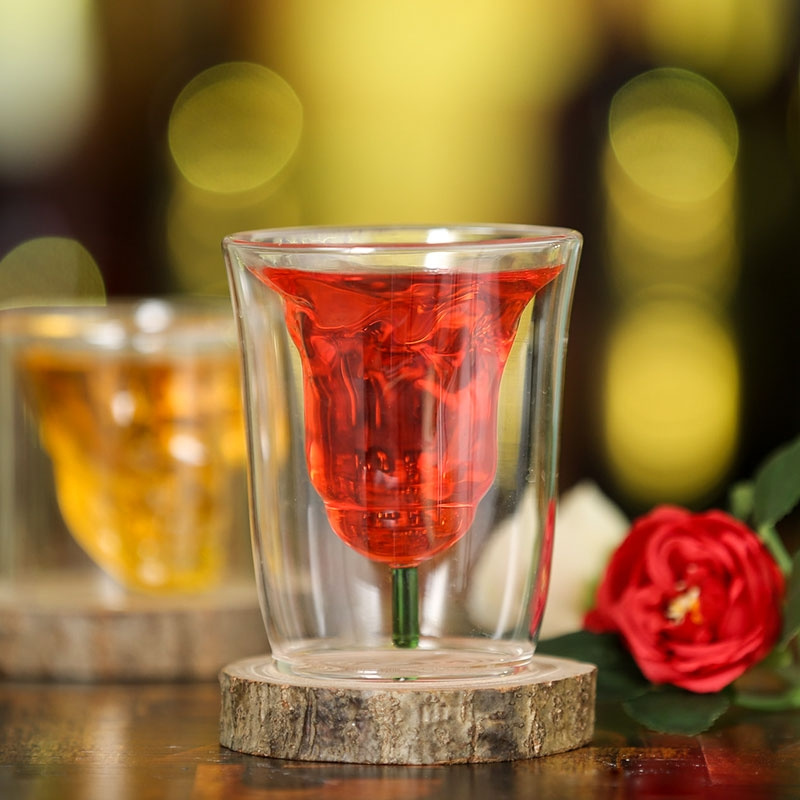 Rose Flower Shape Double Wall Glass Cup Heat-Resisting Wine Glasses Tea Mugs Milk Cocktail Whisky Cup Drinkware