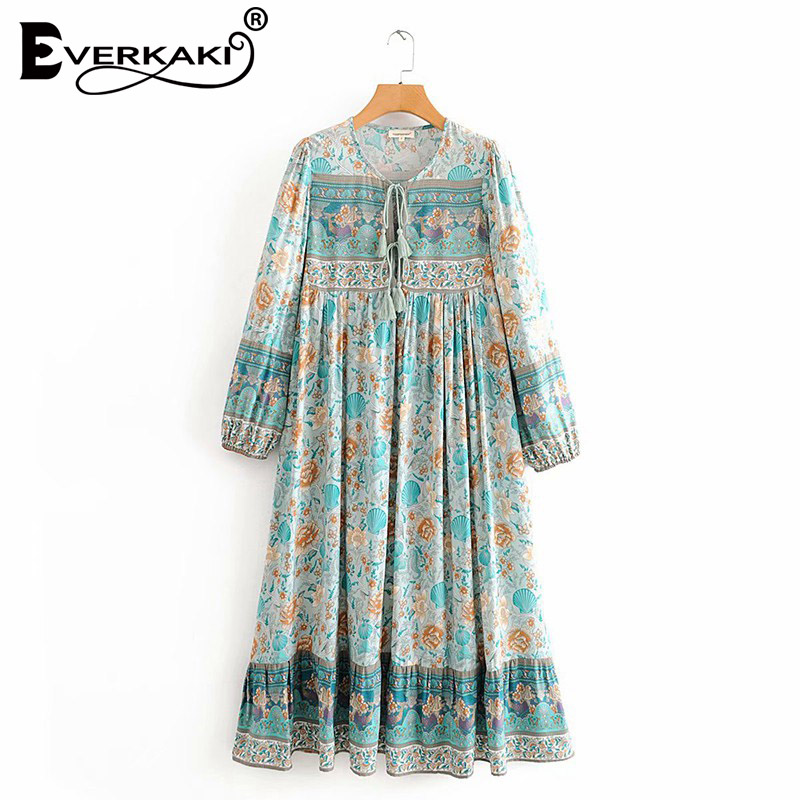 Everkaki boho blommönster lång klänning dam tofsar hals bunden zigenare vestidos dam vintage maxi klänningar kvinnlig vår