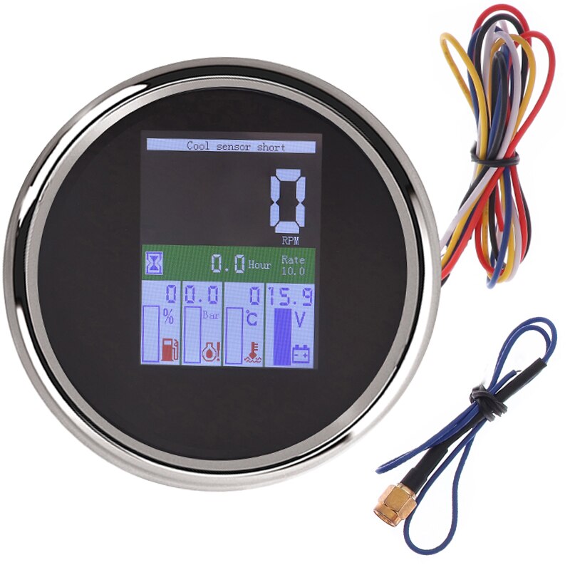 85mm TFT 5 in 1 Multi-functional Gauge Digital Tachometer 9-32V Hours Fuel Level Water Temp Oil Pressure Meter 0~9999 RPM Alarm: Black silver