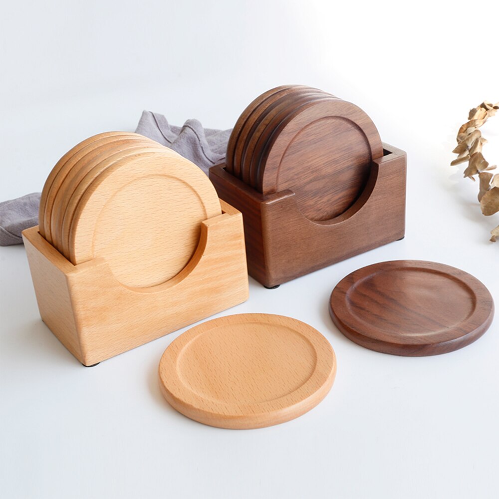 Black Walnut Solid Wood Square Round Teacup Tray Set Japanese Style Anti-slip Cup Tray For Coffee Cup Wood Tray With Stand