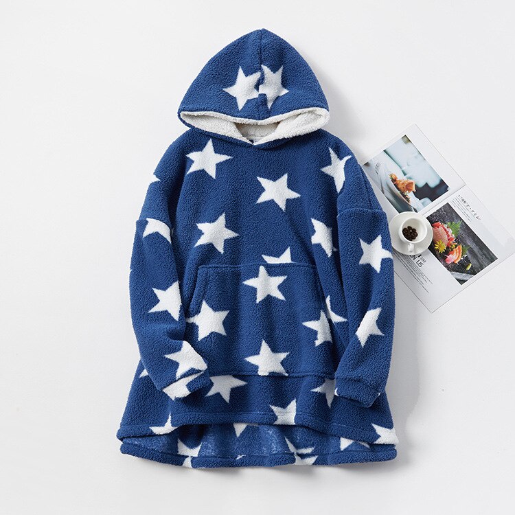 Pull à capuche en peluche pour couple, ample, épais et , peignoir en peluche pour homme et femme, pyjama en molleton de corail, vêtements de maison, chemise de nuit, hiver: Bleu