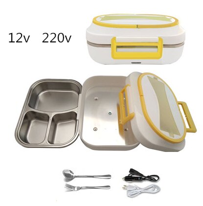 12V 24V 220V 1L Household Car Electric Heating Box With Stainless Steel Inner Mini Portable Electric Multi Cooker: yellow 12V 220V