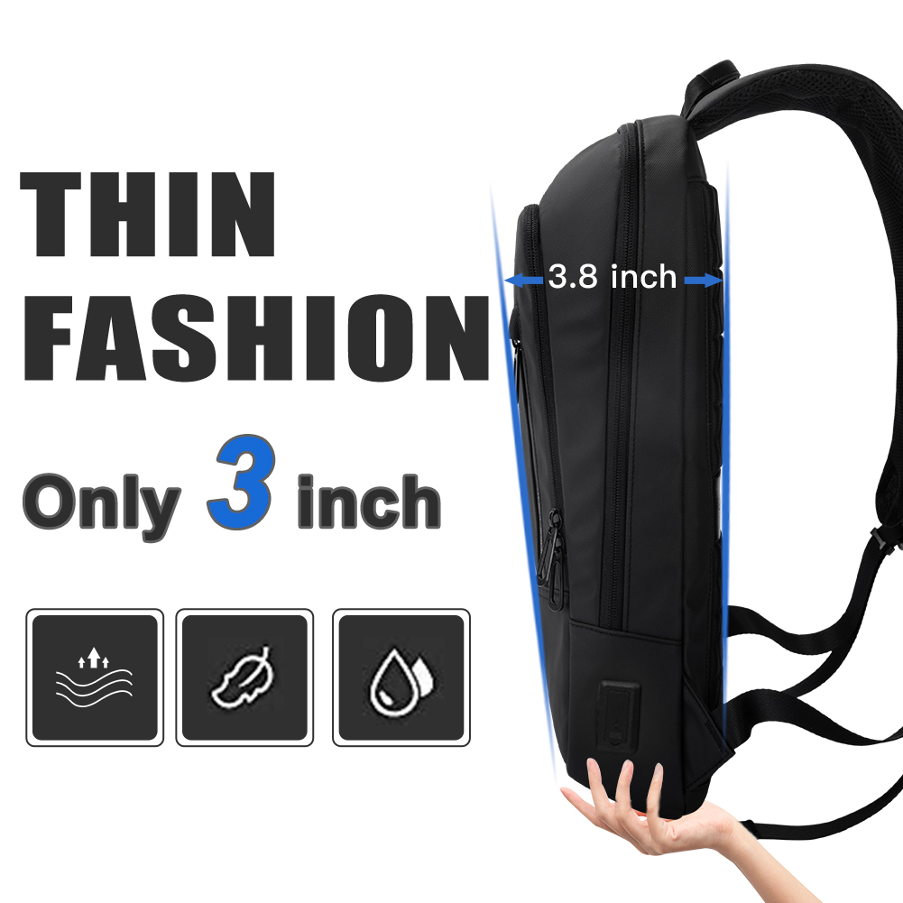Mochila delgada HK para hombre, bolso para ordenador portátil de 15,6 pulgadas, bolso escolar impermeable con carga USB, mochila de viaje ligera, paquete de trabajo universitario