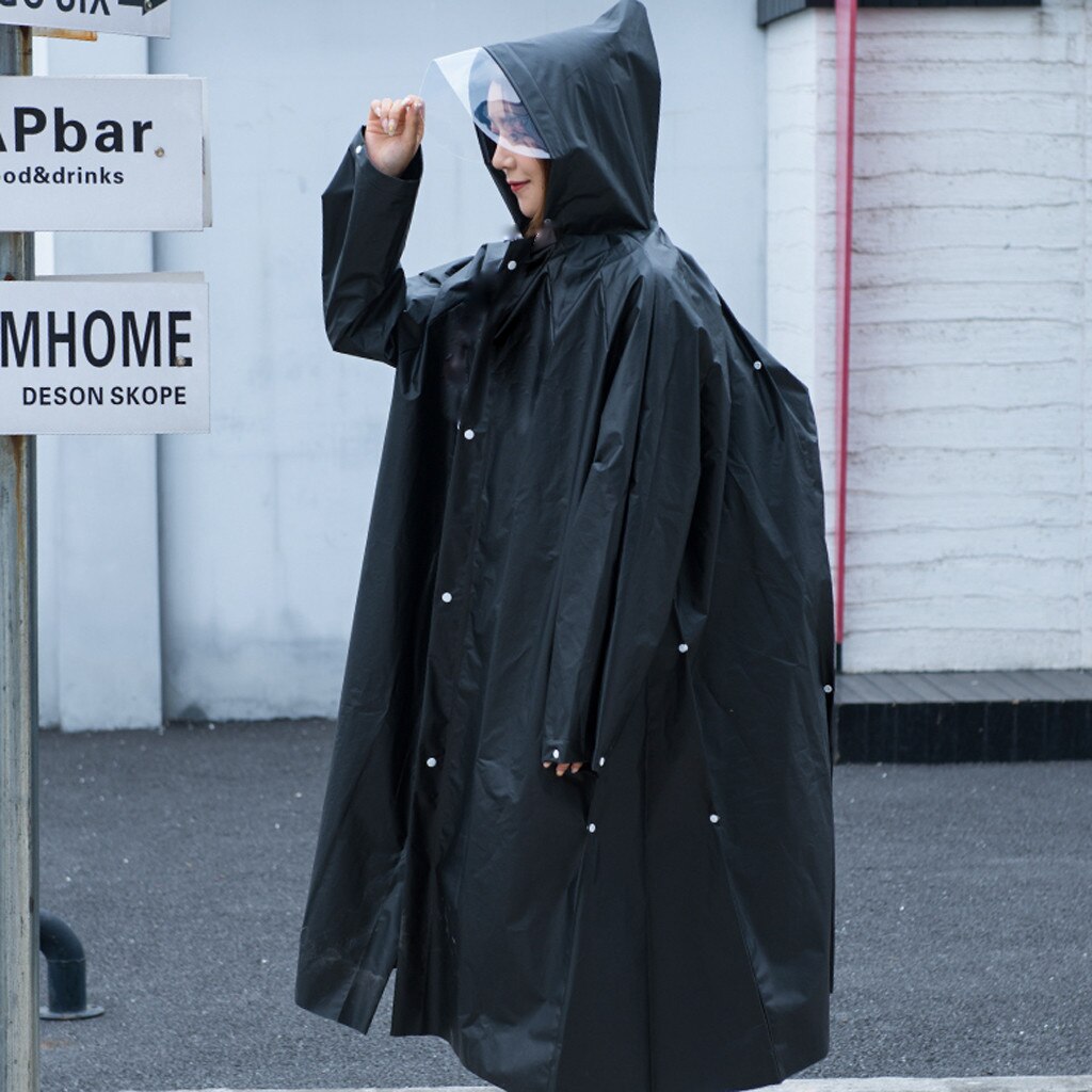 EVA Women Man Raincoat Thickened Waterproof Rain Poncho Coat Adult Clear Long Transparent Camping Hoodie Rainwear Suit: Black / L